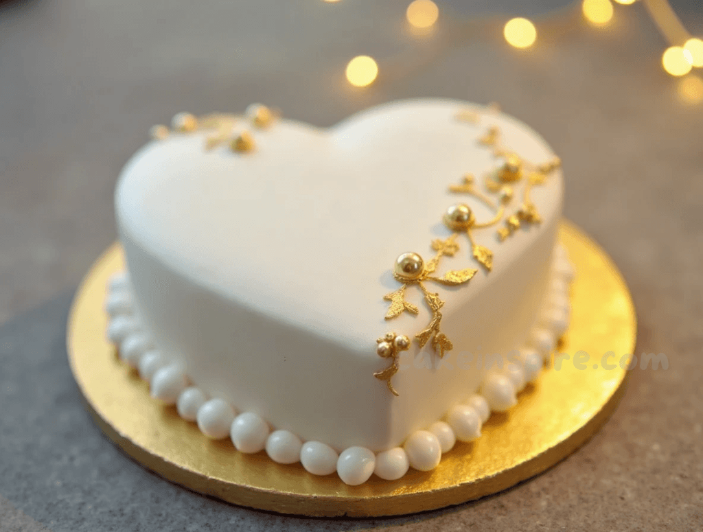 gold and white heart cake
